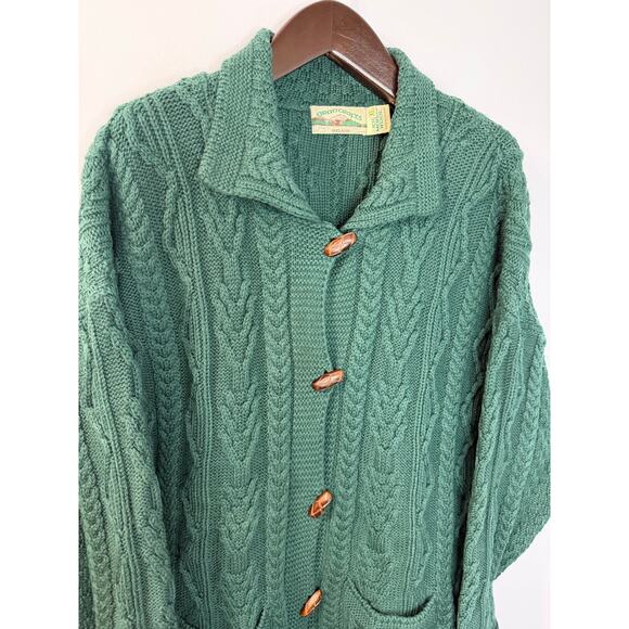 Aran Crafts Merino Wool Green Cable Knit Fisherman Ireland Cardigan Women's XL - Picture 3 of 11